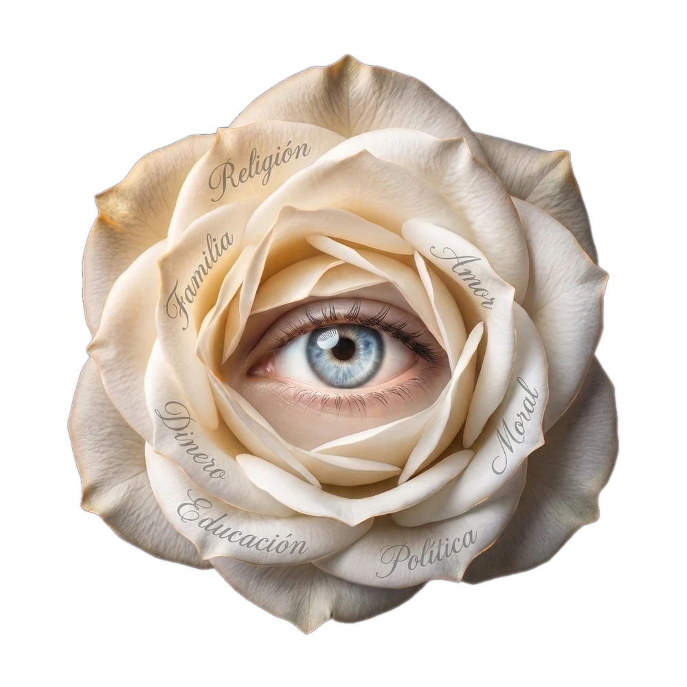 Una rosa blanca con un ojo en el centro; en sus pétalos están escritas Religión, Familia, Amor, Dinero, Educación, Política y Moral